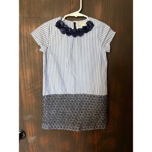 Crewcuts J.Crew Girl Blue White Striped Floral Eyelet Dress Size 5 Cotton Preppy